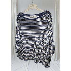 Women's 3X Blouse Top Shirt 3/4 Sleeve Blue Striped Boat-Neck Liz Claiborne LN